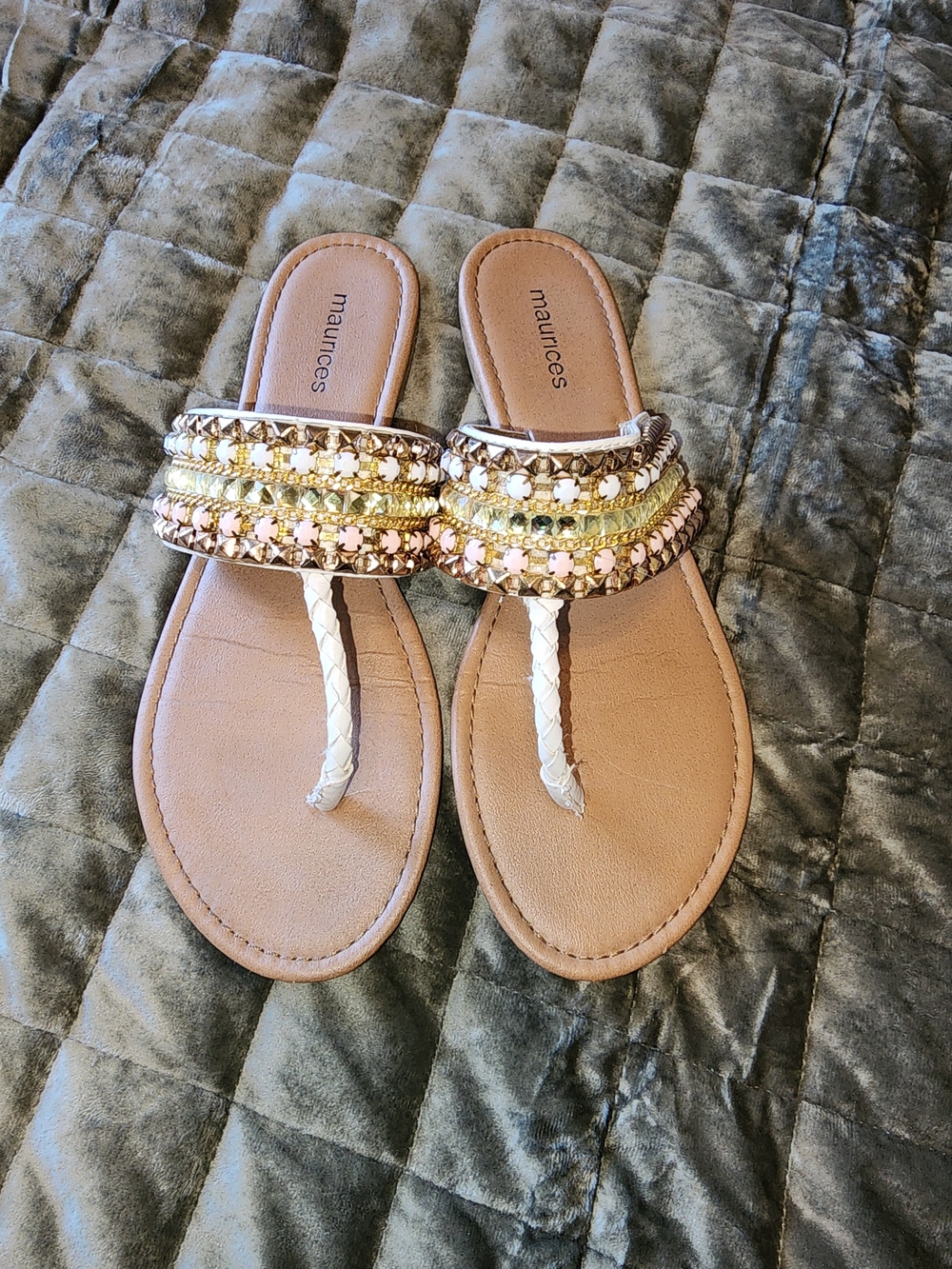 Maurices Rose Gold and White Beaded T-Strap Sandals